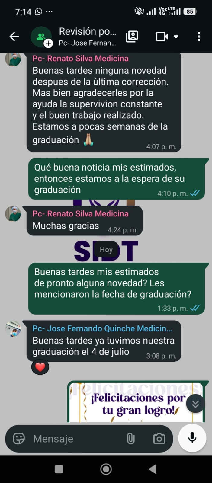 Captura de WhatsApp de un estudiante agradeciendo a SIDT