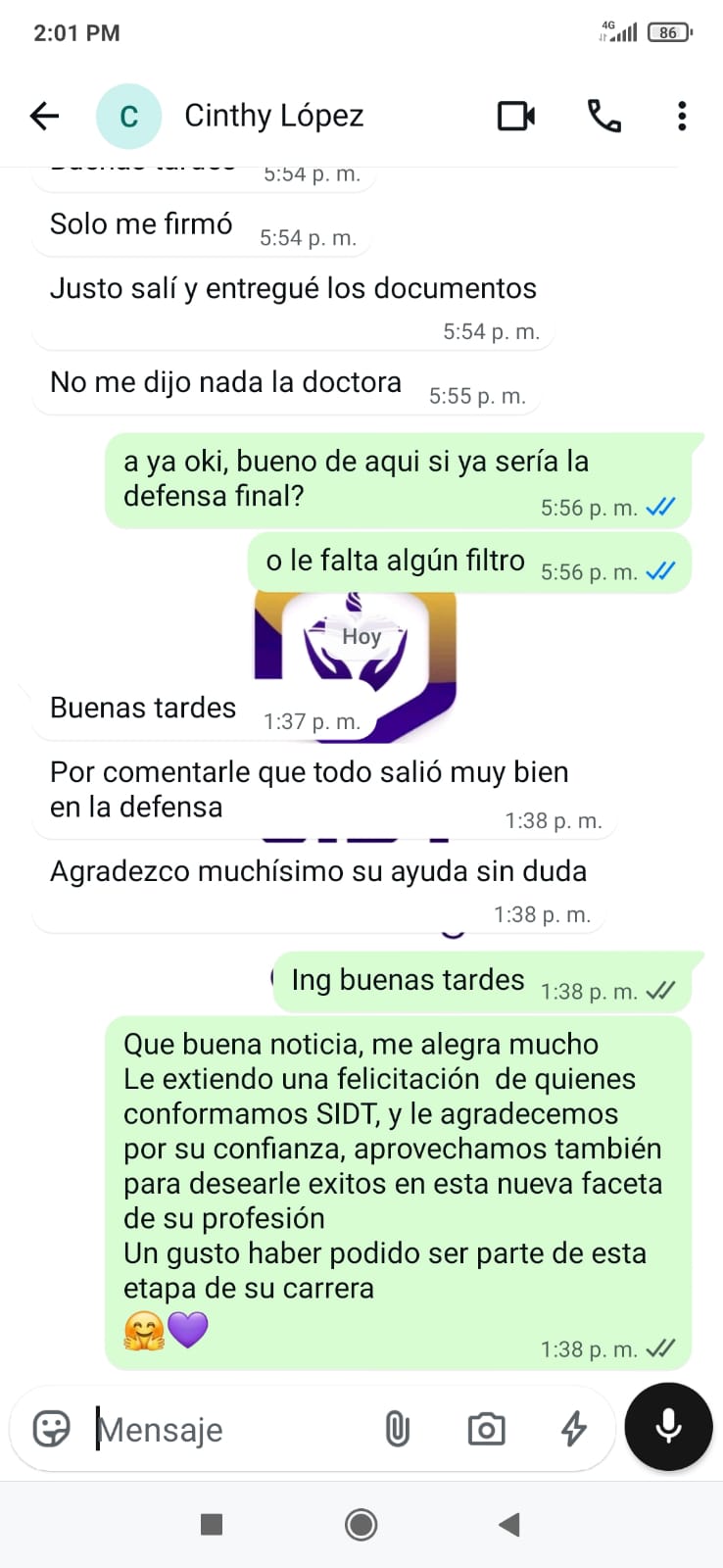 Captura de WhatsApp de un estudiante agradeciendo a SIDT