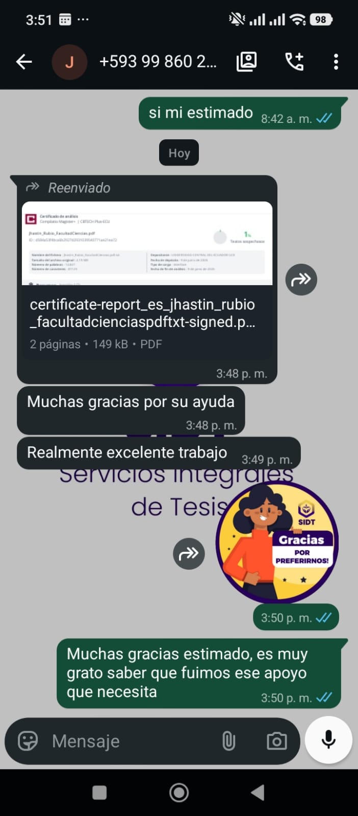 Captura de WhatsApp de un estudiante agradeciendo a SIDT